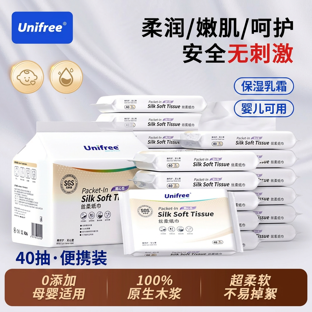 unifree婴儿云柔巾宝宝保湿乳霜纸便携40抽擦鼻子抽纸柔纸巾