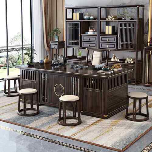 新中式乌金木实木茶台茶桌椅组合一桌五椅办公茶桌一体功夫泡茶台