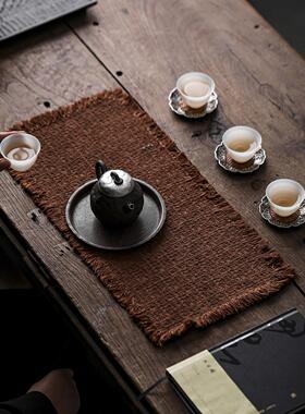 妙竹轩 植物染小茶垫柿染古朴老布茶席复古流苏桌旗禅意桌旗茶布