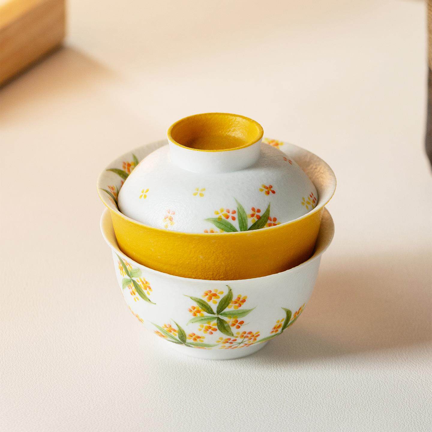 墨己便携收纳旅行茶具户外出差一人饮盖碗套装手绘桂花快客杯茶具