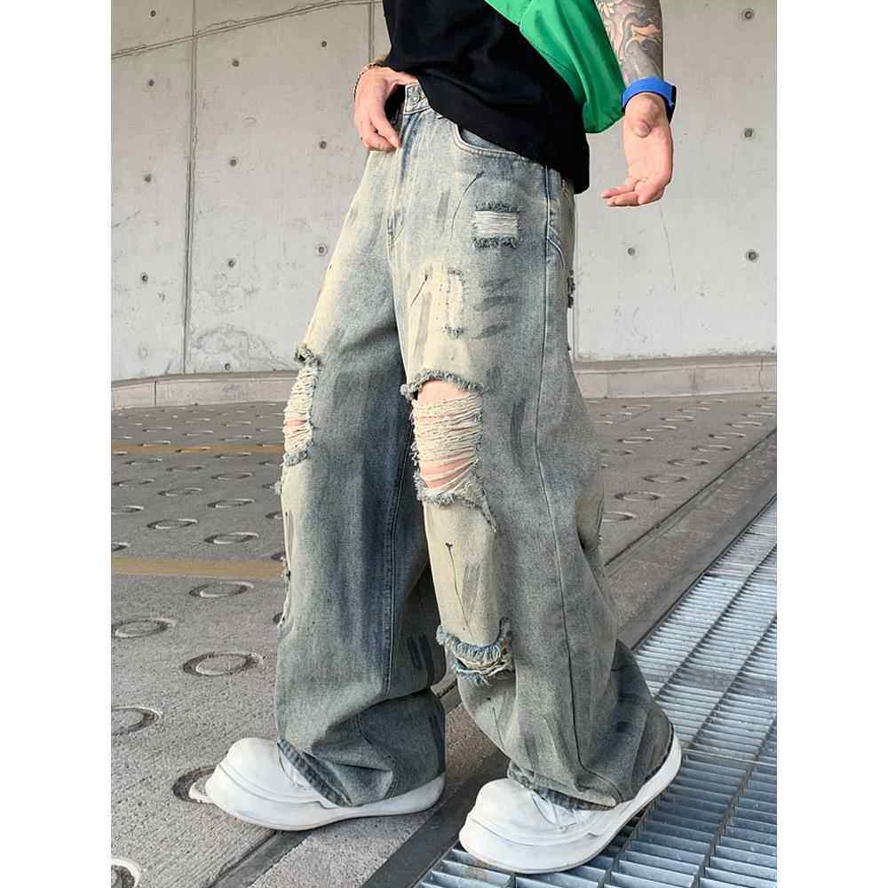 香港潮牌牛仔裤男夏季美式高街破洞涂鸦痞帅宽松阔腿裤拖地直筒裤