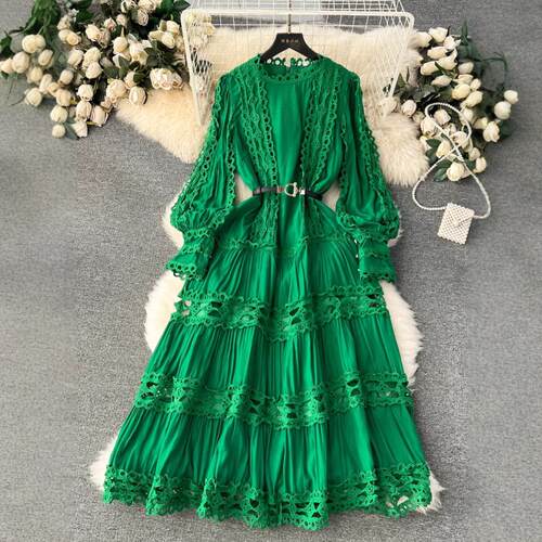 Women's hollowed out lace patchwork long new dress