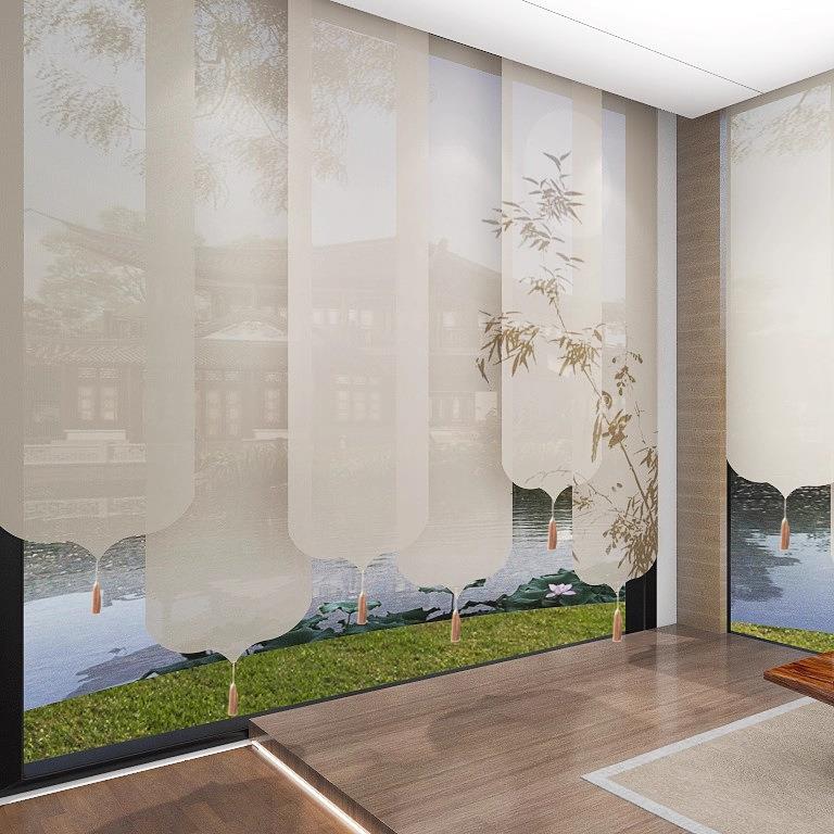 新中式山水竹画茶室半透屏风升降卷帘中国风隔断门帘电动窗帘遮光