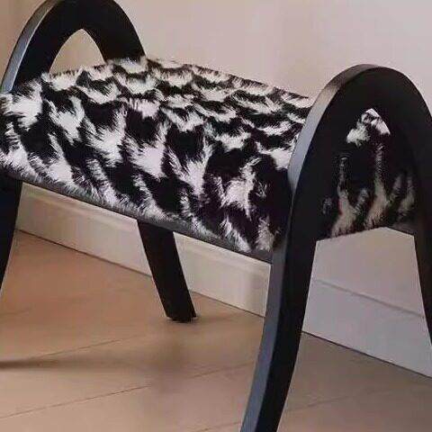 实木+软绒OLDCEL*NE黑白毛绒感多用换鞋凳实木加座脚蹬中古床尾凳