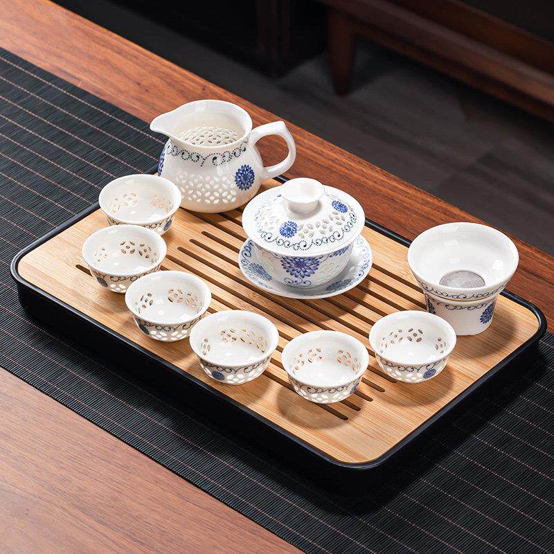 青花瓷玲珑茶具套组家用蜂窝镂空整套陶瓷功夫茶具泡茶壶茶杯盖碗