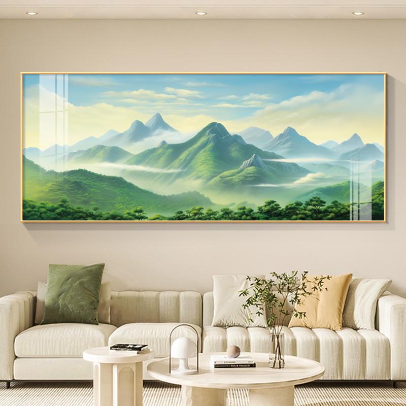 绿色青山图客厅装饰画横版背有靠山沙发背景墙壁大气挂画