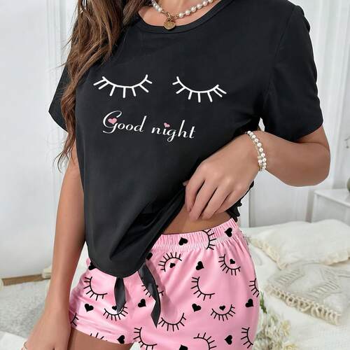 Pajama round neck letter black short sleeved shorts