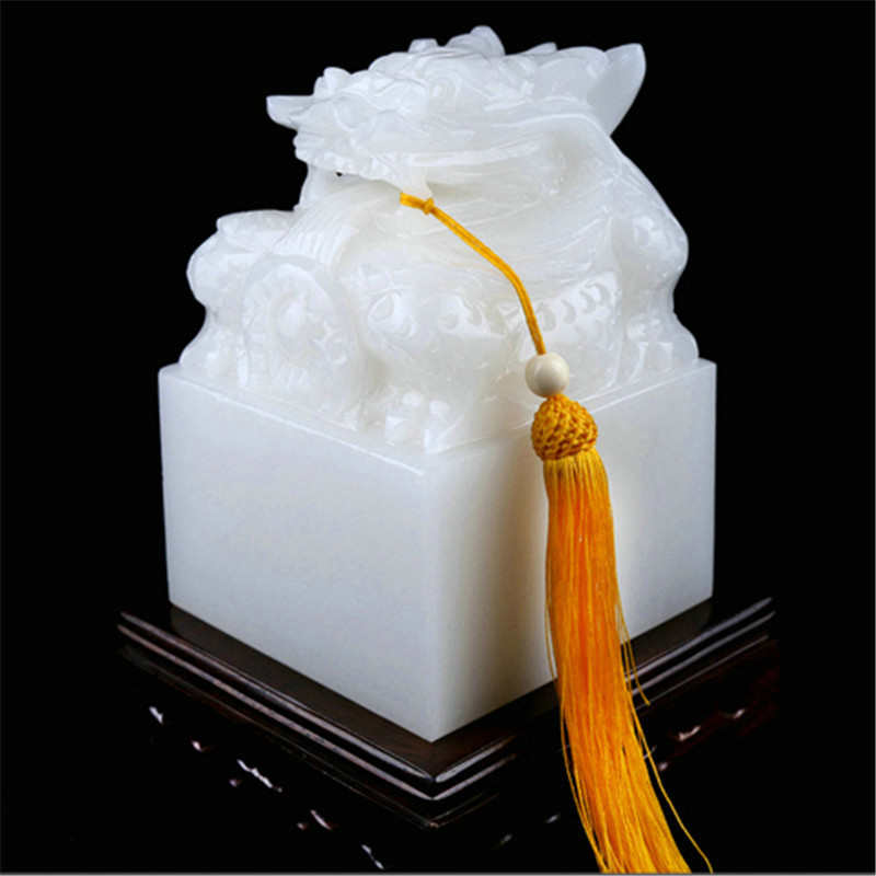 汗白玉玉石大印章龙头玉玺摆件装饰品老板桌创意摆件