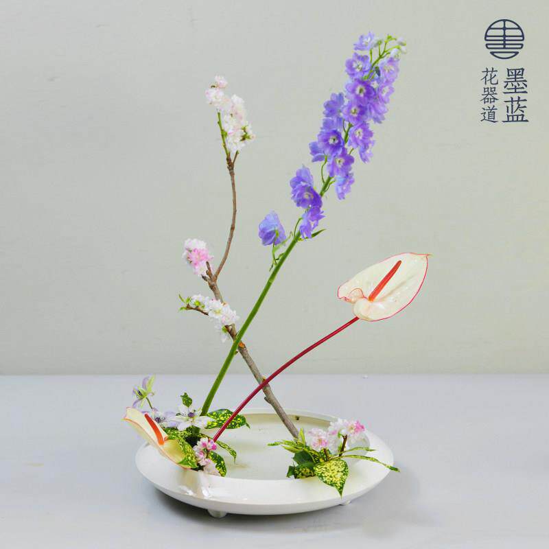 小原流器四脚接水盘日禅意式白色中插花JLX花器皿式花道花盘创意