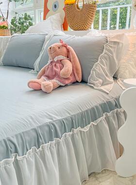 71TX水洗床单件雪裙纺床笠带边床单裙韩式少F77J7MHM棉女心床罩单