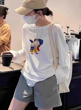 正肩白色搭配西裤长袖T恤女新款早秋中长版韩系宽松上衣0821r