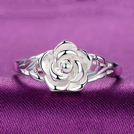 99纯银戒指足银玫瑰花戒指女士个性开口银首饰品花戒指环生日礼物