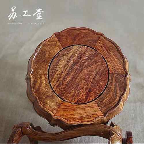 花梨木微型底座花盆茶壶鱼缸圆形中式实木家居饰品摆件木雕刻托架