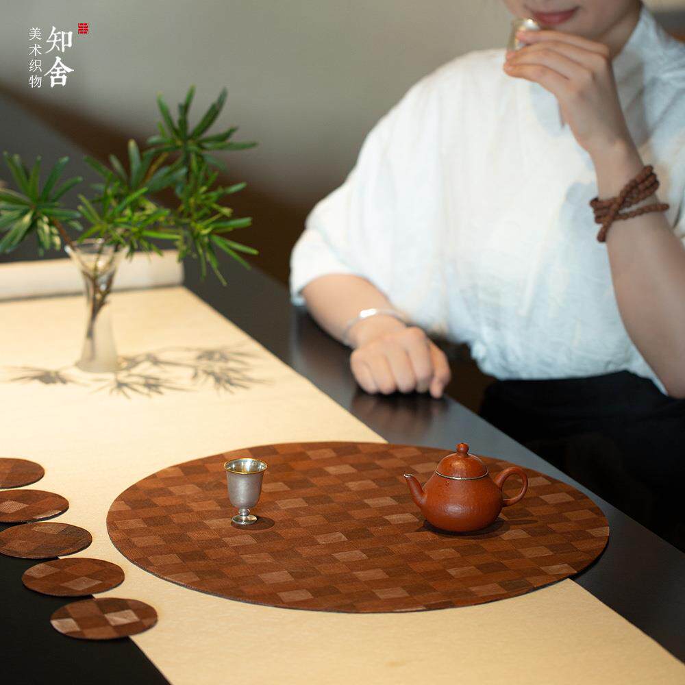 知舍香云纱编织格纹茶席手工双层新中式复古宫廷风茶垫喝茶铺民宿