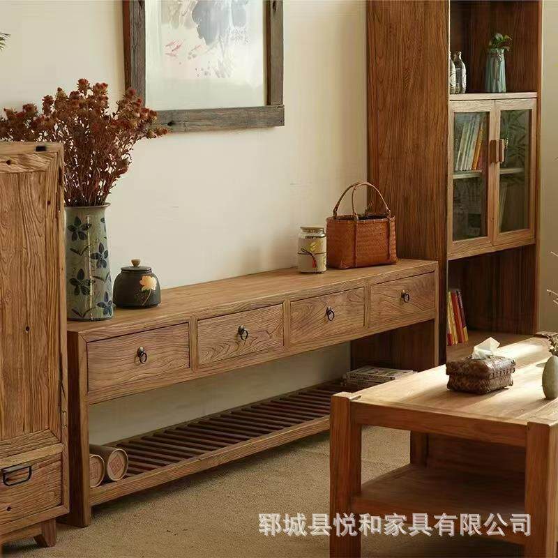 中式老榆木电视柜茶几组合中式墙边柜小户型客厅矮柜民宿复古地柜