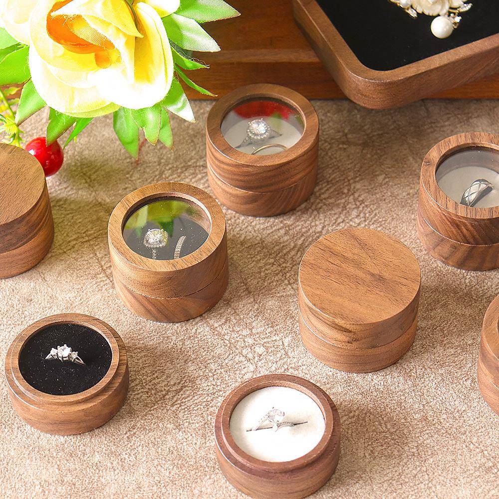 圆形天地盖双戒盒求婚钻戒对戒珠宝首饰展示盒收纳盒黑胡桃木盒