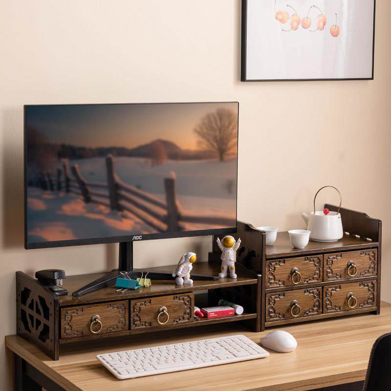 加长中式台式电脑萤幕增高架竹屏幕垫高实木置物办公桌面收纳盒