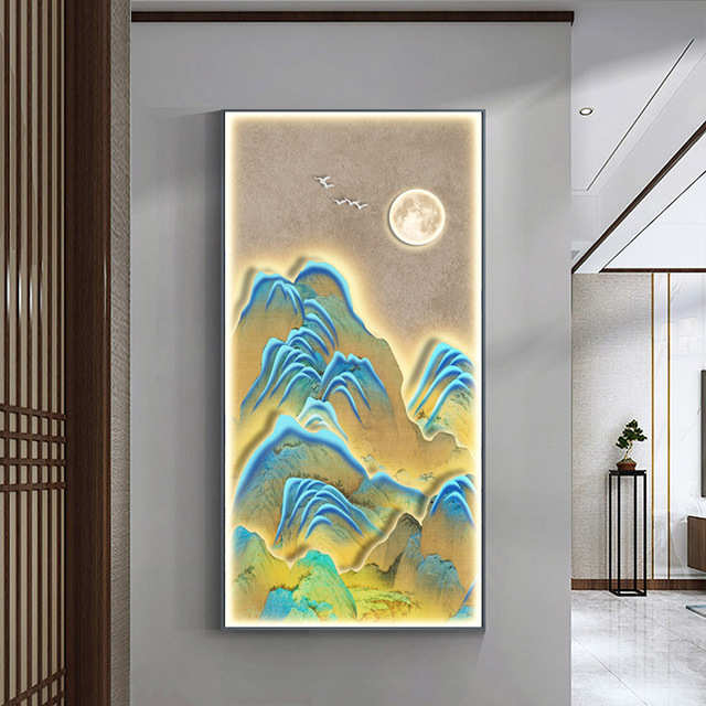 轻奢led带灯入户玄关装饰画高档大气竖版挂画迎客松走廊过道壁画