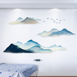 水墨晕染淡蓝色山峦背景，墙壁装饰贴画卧室床边布置中式意境墙贴纸