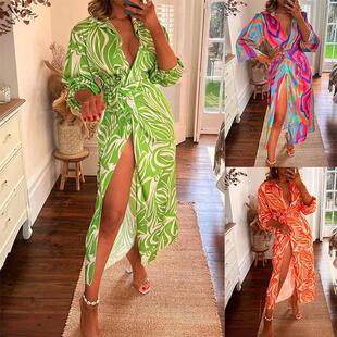 lace mid lantern length dress sleeve lapel Printed slit