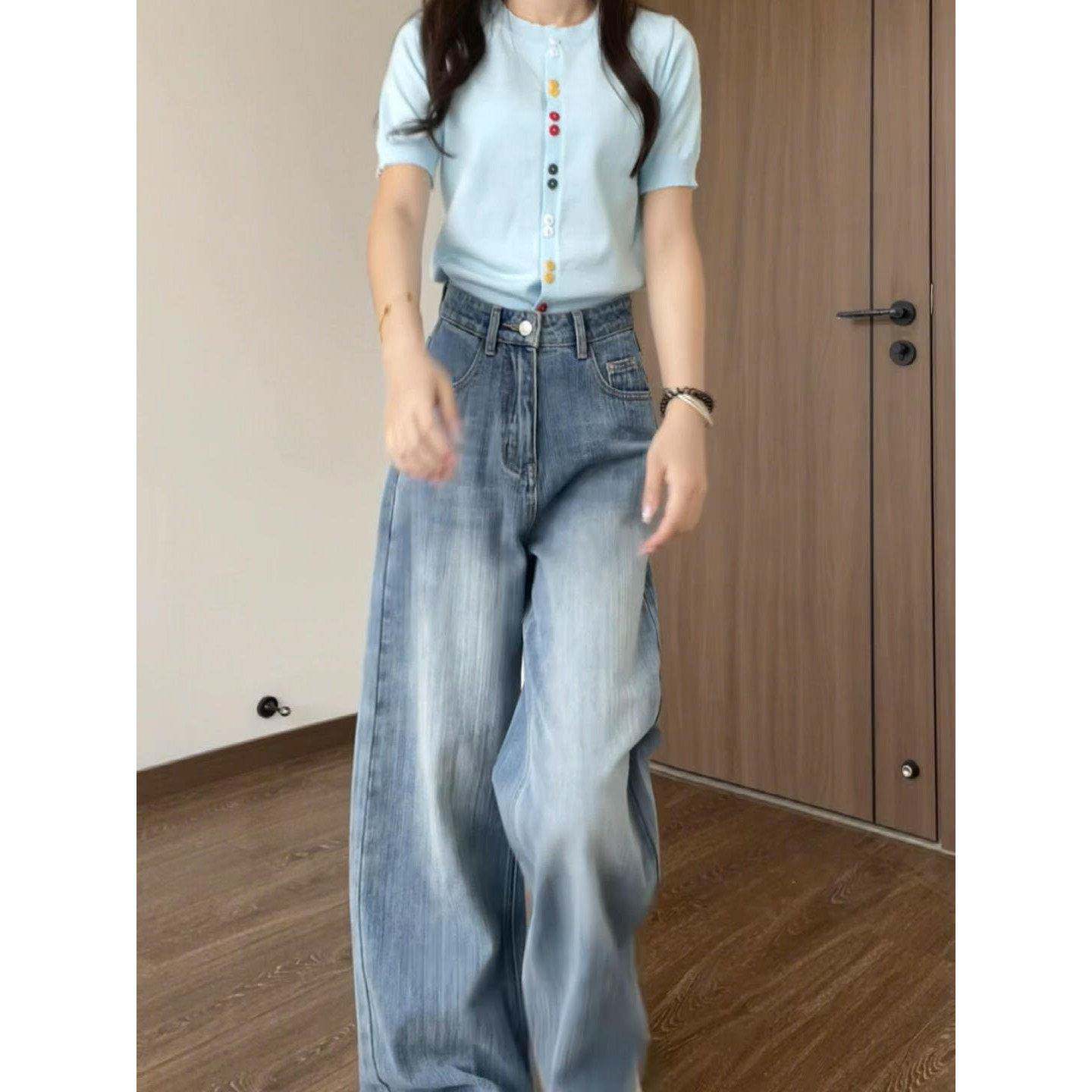 浅蓝色阔腿牛仔裤女款2026新款夏季薄款大尺码胖mm宽松高腰直筒裤