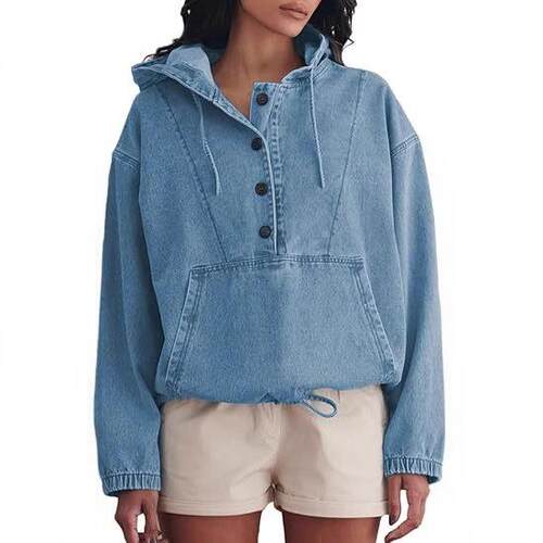 Womens Denim Hoodie Jacket Lightweight Button Up Jean