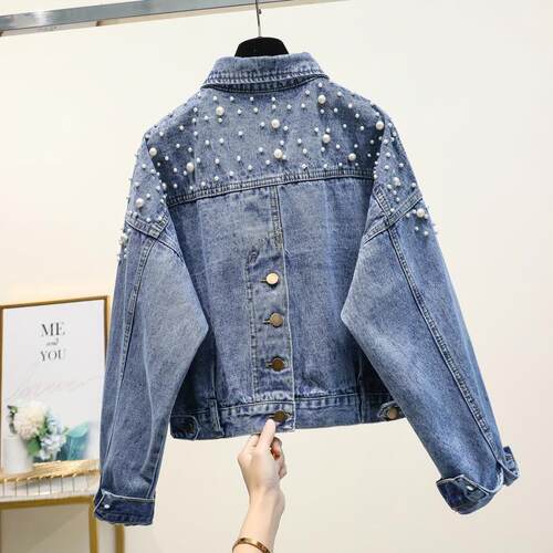 Women's denim jacket, women's short nail bead jacket,
