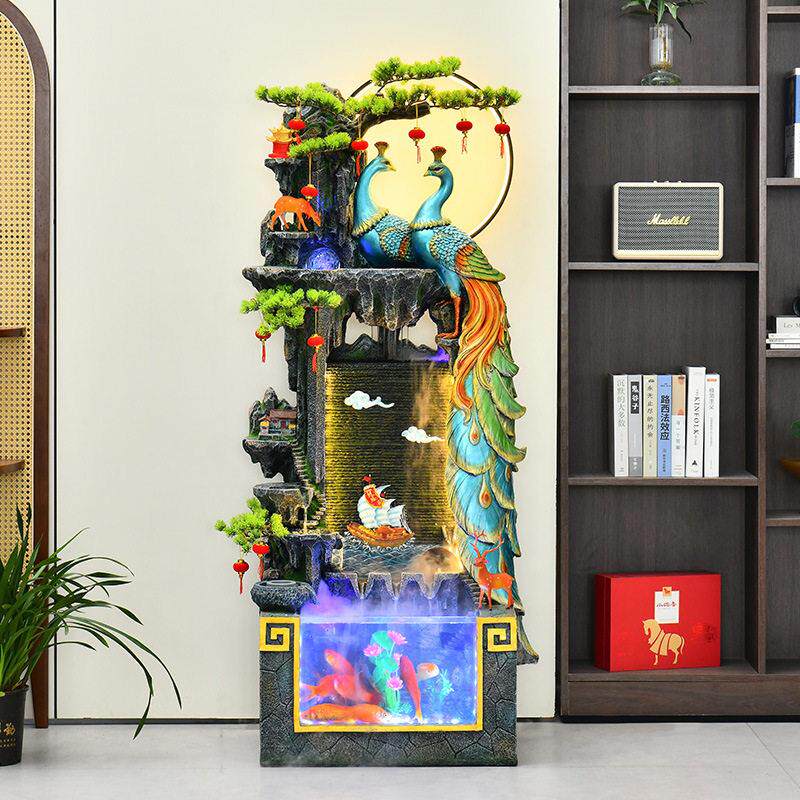 孔雀假山喷泉鱼缸电视旁中式造景流水摆件客厅玄关循环水招财鱼池