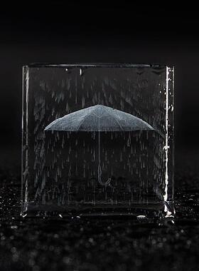 格格物商店创意画下雨瞭水晶雕刻立方体 桌面小摆件朋友生日礼物