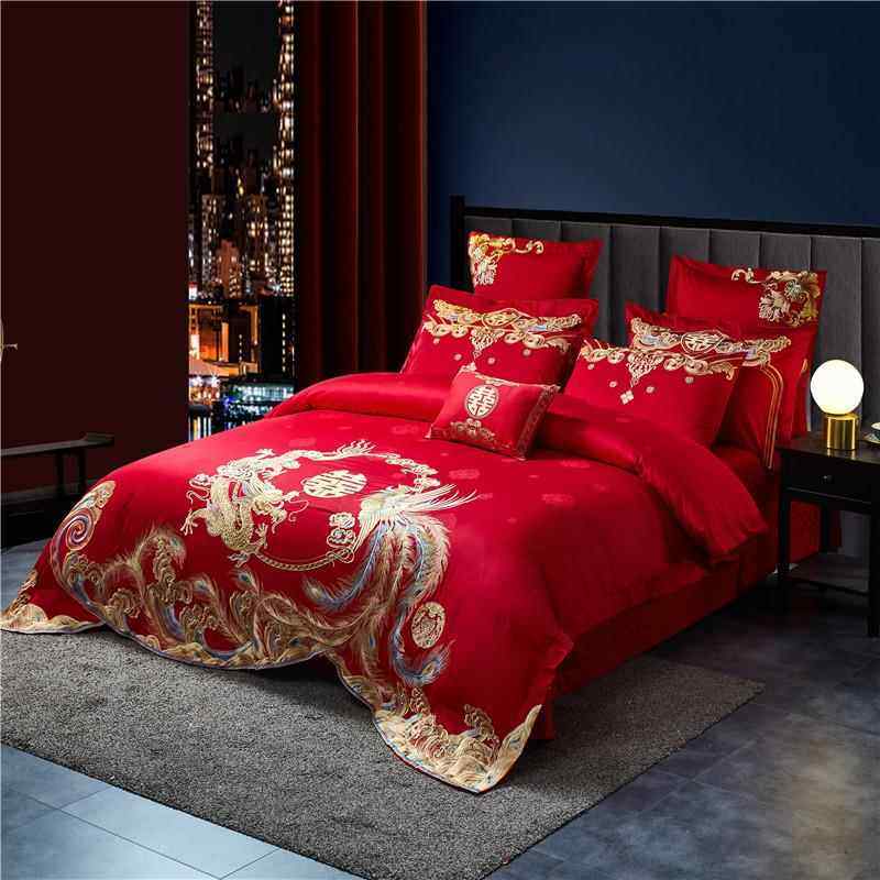 婚庆四件套长绒棉纯棉刺绣花大红色被套婚礼结婚床上用品