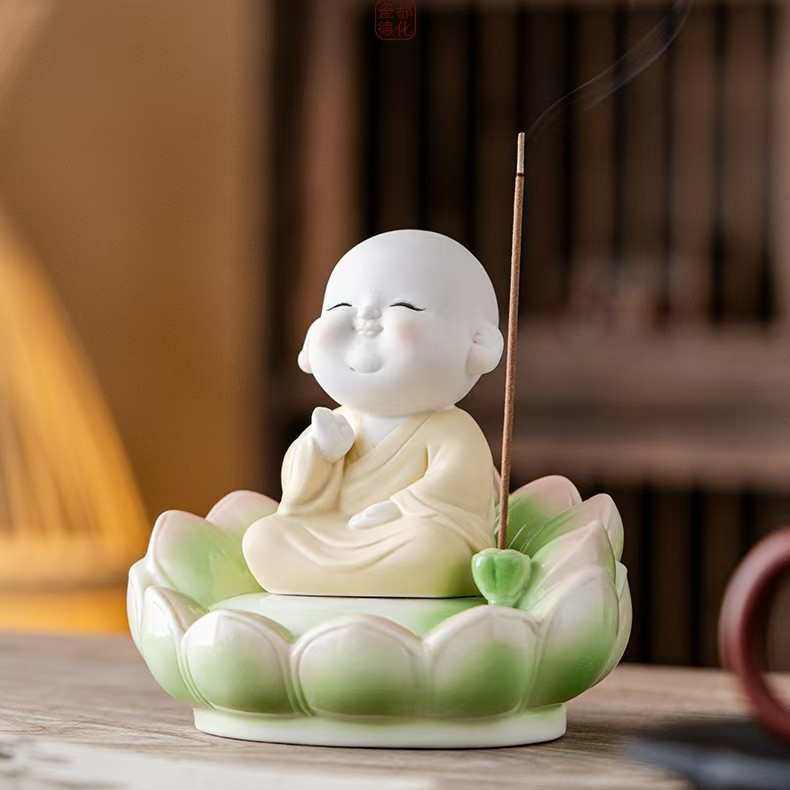 莲韵陶瓷禅意室内茶桌送礼白瓷小和尚线香插香薰中式香炉香插,家居饰品,香托/香盘/香座/香插,淘宝优惠券,粉丝福利购,淘宝优惠卷