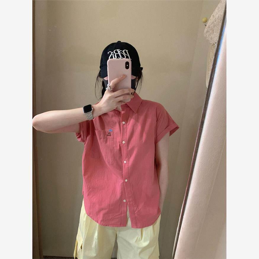 韩国NextMary树莓粉短袖刺绣衬衫女纯棉夏季显白气质显瘦上衣薄