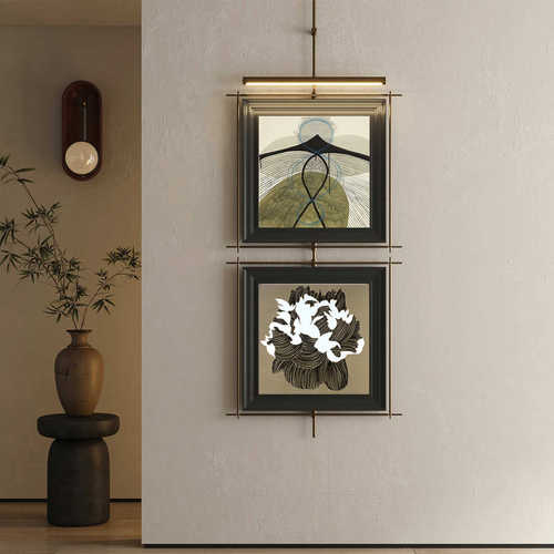 新款设计师灯光挂画现代吊杆装置画卧室别墅样板间客厅金属装饰画