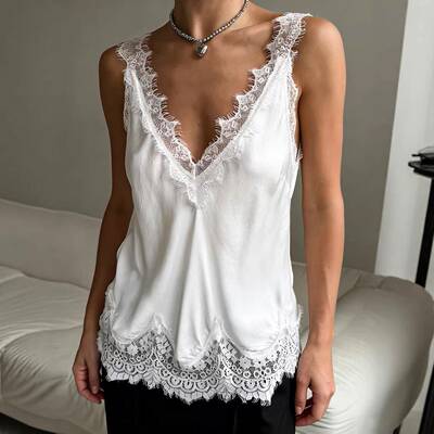 Women's V-Neck Lace Solid Loose Crop Top Sexy Sleeveless