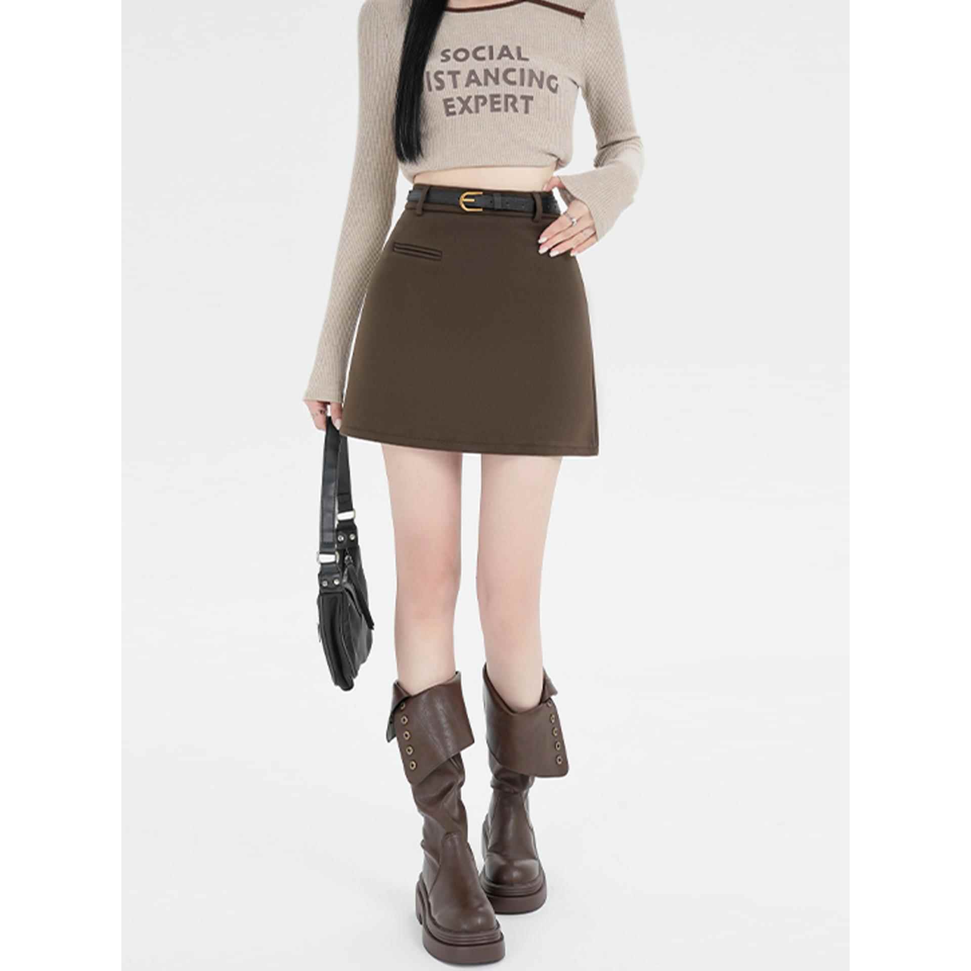 咖色毛呢A字半身裙女秋冬2025新款高腰显瘦半裙小个子包臀短裙子