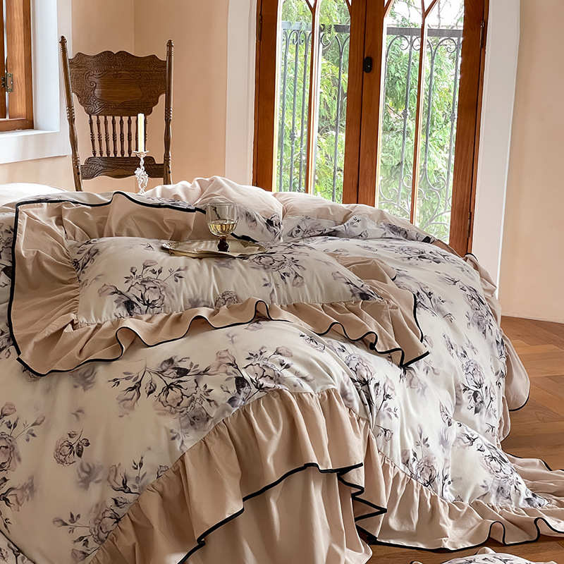 床单被套印花长绒棉床风花卉浪漫磨毛法式件套时尚床四100s品裙