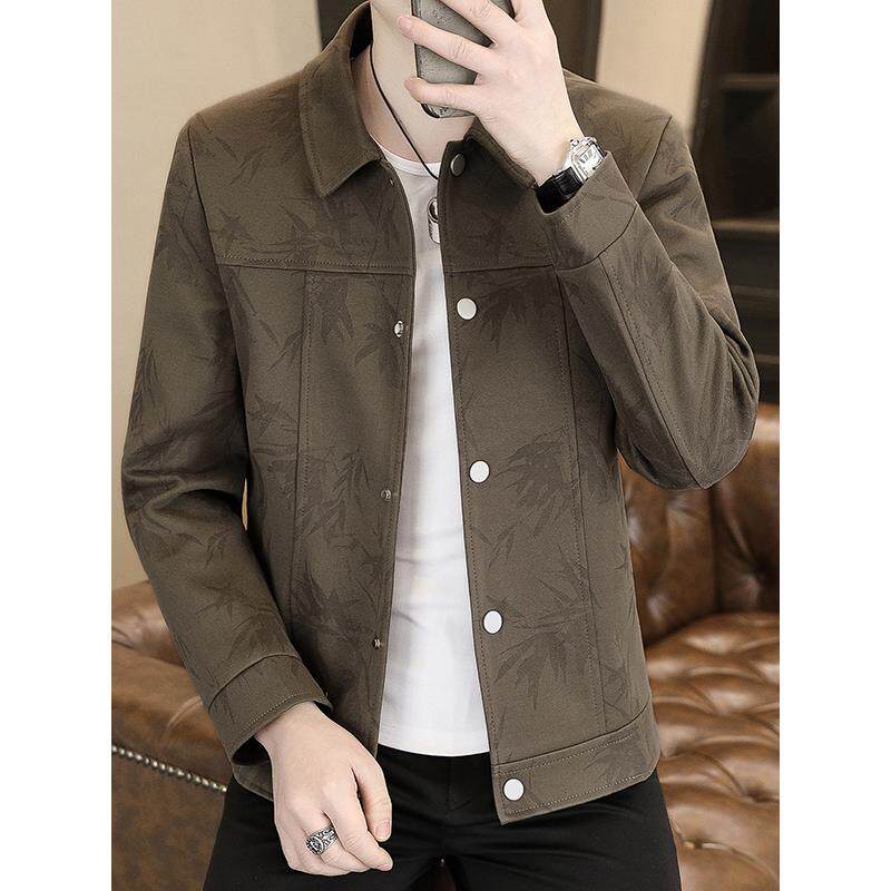 高级感休闲男士夹克2025秋冬新款修身潮流短款翻领竹叶压花男外套