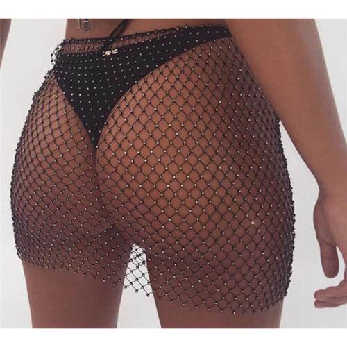 Mesh sparkling diamond half skirt with hollowed out skirt