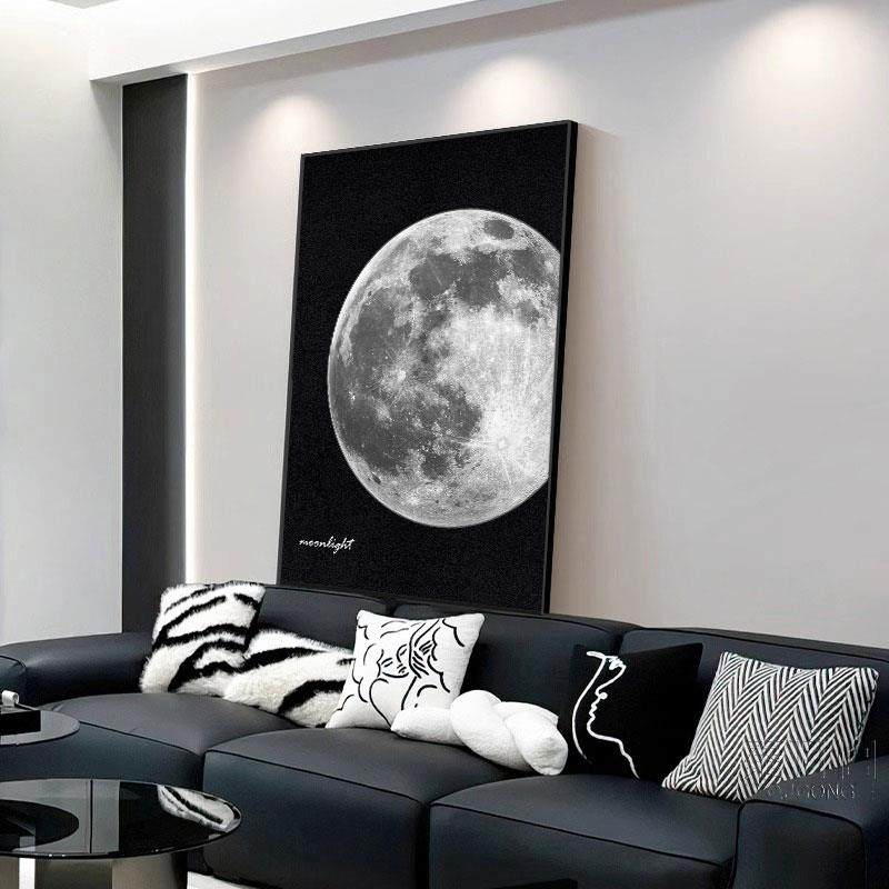 黑白简约月球客厅装饰画沙发背景墙挂画高级月亮砂岩落地玄关壁画,家居饰品,现代装饰画,淘宝优惠券,粉丝福利购,淘宝优惠卷