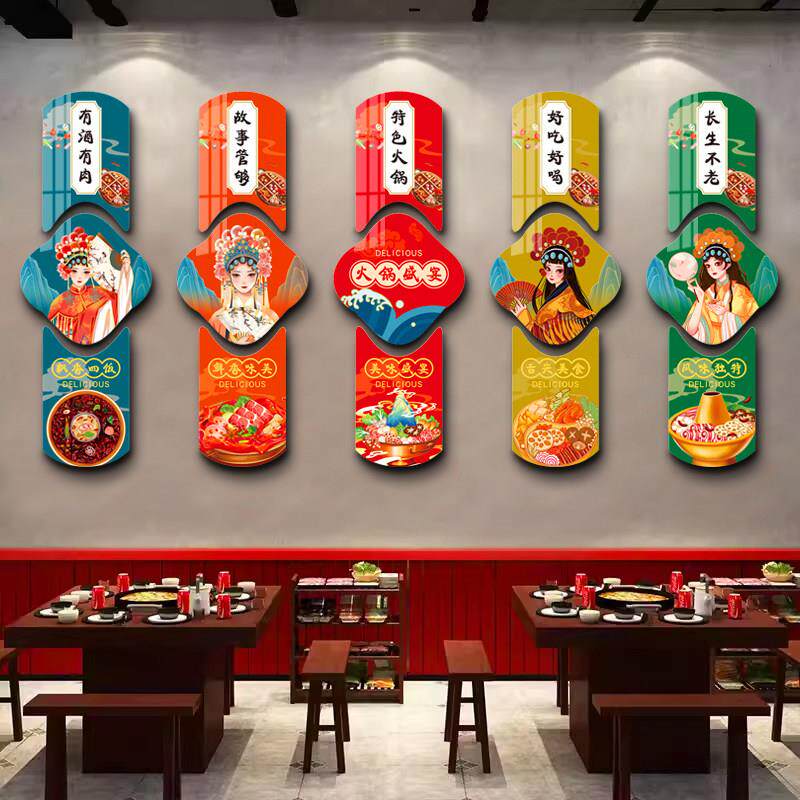 国潮风网红火锅店墙面创意装饰壁贴画麻辣烫冒菜串串店铺餐饮文化
