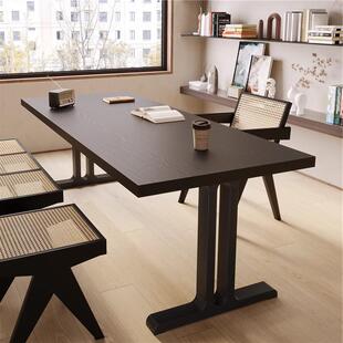 严选全木客厅书现桌黑色简约代办公实桌原大板桌学PXK生木长条写