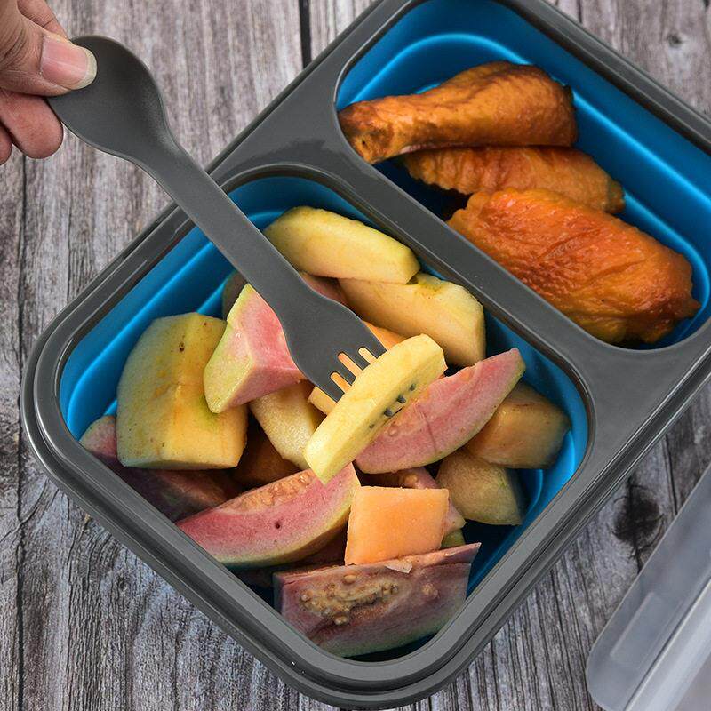 食品级硅胶折叠饭盒 带叉勺分格可微波炉 便捷式易携带户外食物盒