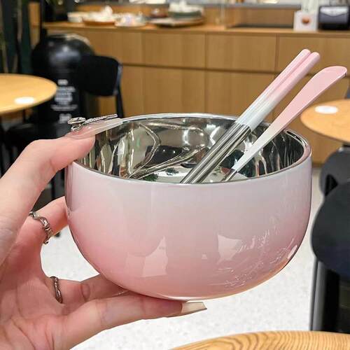 纯正304不锈钢沙拉碗渐变色饭碗面碗圆形汤碗家用餐具套装碗筷勺