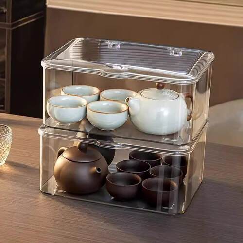 Dust-proof transparent tea set storage box with lid, suitabl