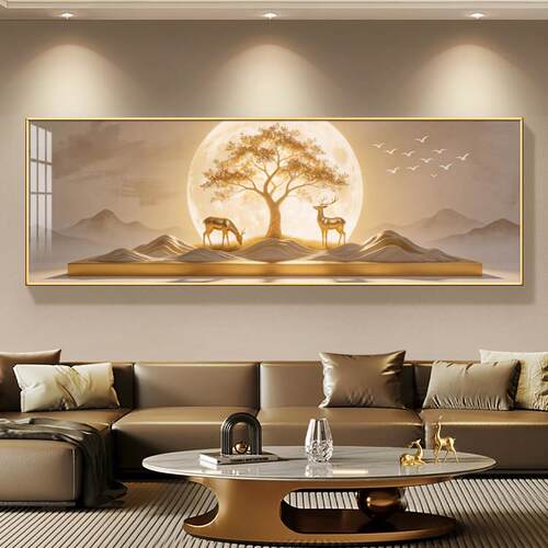 现代简约客厅装饰画2026新款横幅镶钻福鹿沙发背景墙大气挂画