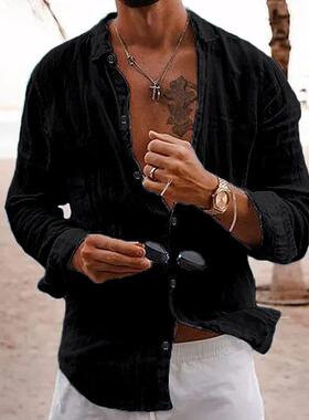 Hot Sale Men's Casual 100% Cotton Linen Shirt Mock Neck