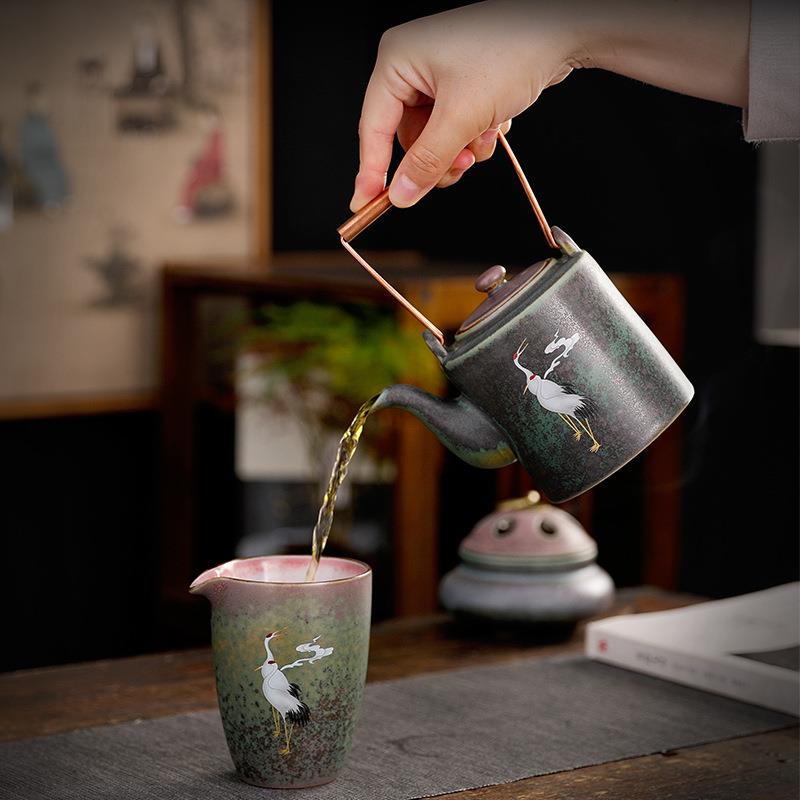 窑变仙鹤呈祥提梁壶陶瓷复古茶具单壶简约茶壶 粗陶铜把手泡茶壶