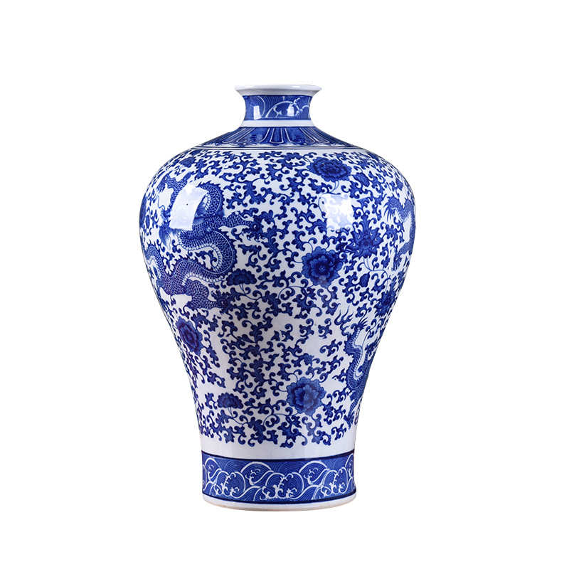 厂家批发复古陶瓷花瓶居家工艺品装饰摆件青花缠枝龙纹大号梅瓶