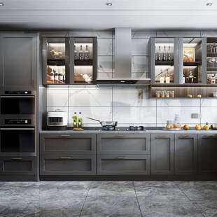 现代简约橱柜定制开放式厨房柜门定做整体实木烤漆橱柜石英石台面