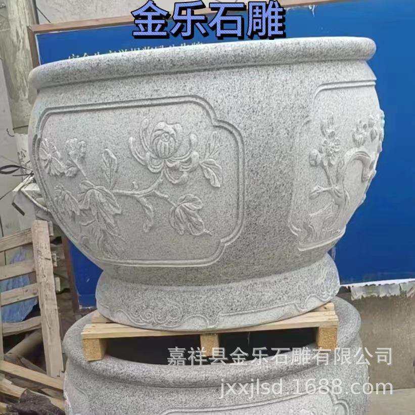 花岗岩鱼缸石雕水缸庭院仿古荷花鱼缸 别墅摆件荷花缸